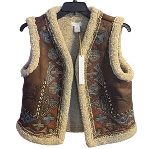 House of Harlow 1960 Boho Faux Shearling Vest Brown Cream Cabincore Winter Gilet